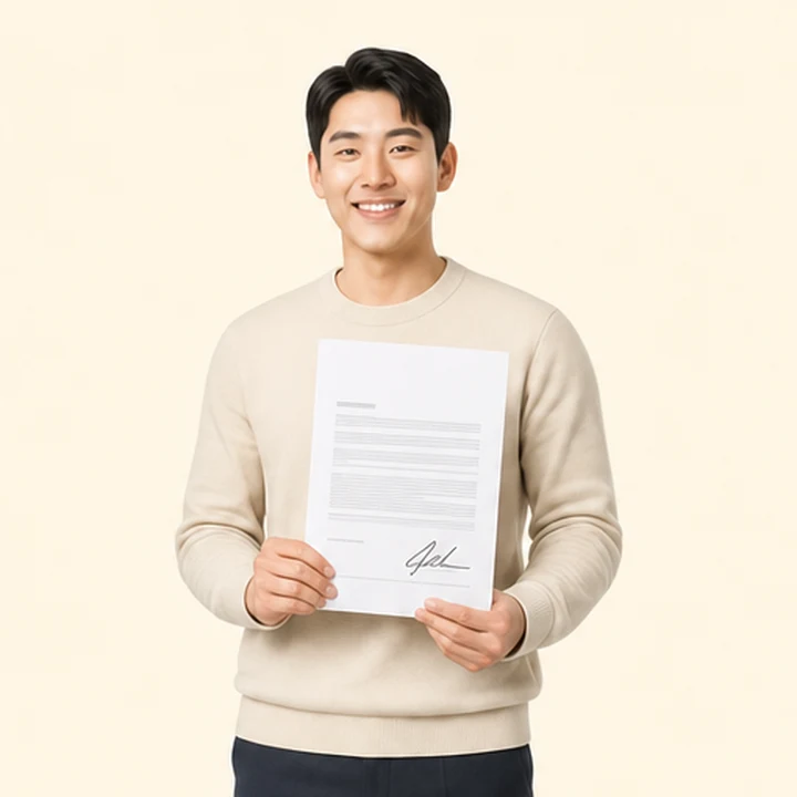 K8 중고차 장기렌트 서면 견적서를 들고 있는 고객